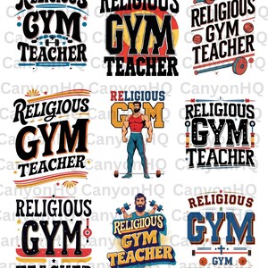 Puede incluir: Nueve diseños gráficos con el texto "Religious Gym Teacher". Los diseños incluyen pesas, balones de baloncesto y figuras estilizadas. La paleta de colores incluye negro, rojo, amarillo y azul.