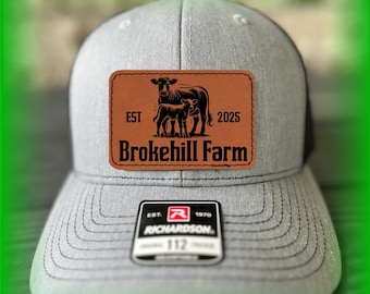 Personalized Farm Name Trucker Hat | Custom Cow & Calf Leatherette Patch Snapback | Cattle Ranch Hat with Est. Date | Custom Steer Farm Hat