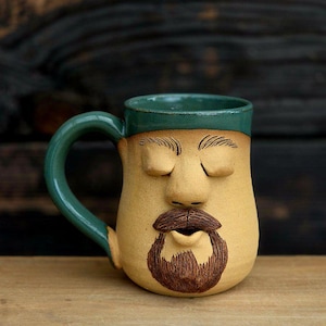 Handmade Ceramic Face Mug: Unique Stoneware Pottery, 12oz
