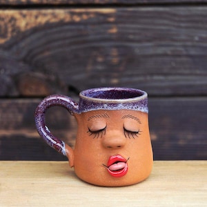 Handmade Ceramic Face Mug: Unique Stoneware Pottery, 11oz