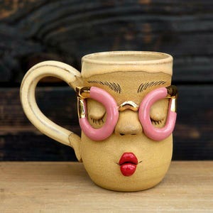 Handmade Ceramic Face Mug: Unique Stoneware Pottery with Gold Glasses