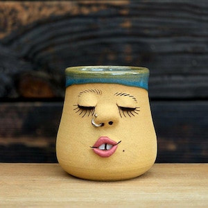 Handmade Ceramic Face Mug: Unique Stoneware Pottery with Silver Detail