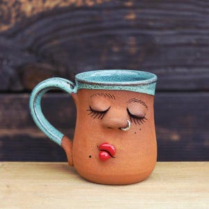 Handmade Ceramic Face Mug: Unique Stoneware Pottery with Silver Nose Ring