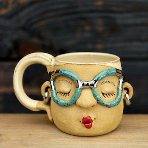 Handmade Ceramic Face Mug: Unique Stoneware Pottery with Silver Earrings