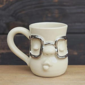 Handmade Ceramic Face Mug: Unique Stoneware Pottery with Silver Glasses