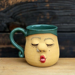 Handmade Ceramic Face Mug: Stoneware Pottery with Silver Nose Rings