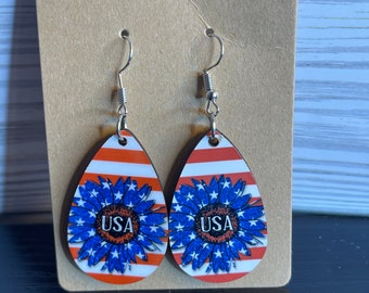 Patriotic USA Flower Teardrop Dangle Earrings