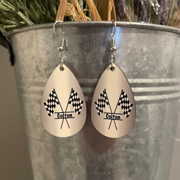 Personalized Racing Black and White Checkered Flag Teardrop Dangle Earrings