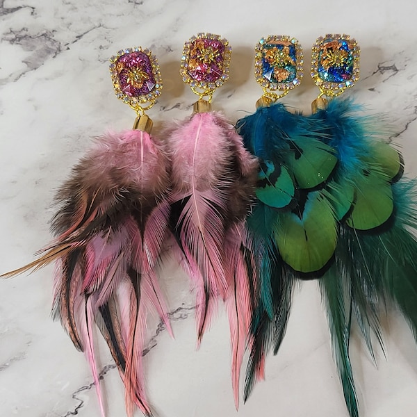 Beautiful Blue or Pink feather earrings | cabochon stud | Preciosa Optima Rhinestones | statement earrings