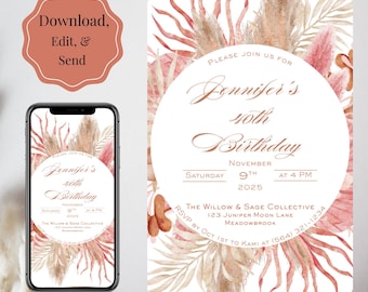 May include: A digital invitation for a 40th birthday, featuring a floral design in shades of pink, beige, and brown. The invitation includes the text "Jennifer's 40th Birthday" and details for the event. A smartphone displays the invitation.