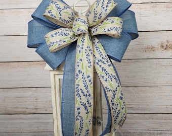 Blue Denim Burlap Ribbon Bow, Farmhouse beige Blue Wreath Bow, Rustic blue  Denim Burlap door Bow, Denim blue door Bow, Farmhouse Lantern Bow