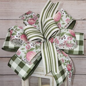 Farmhouse bow for front door wreath, pink peonies & sage buffalo check ribbon, Everyday bow, Easter basket bow, lantern bow, mailbox bow