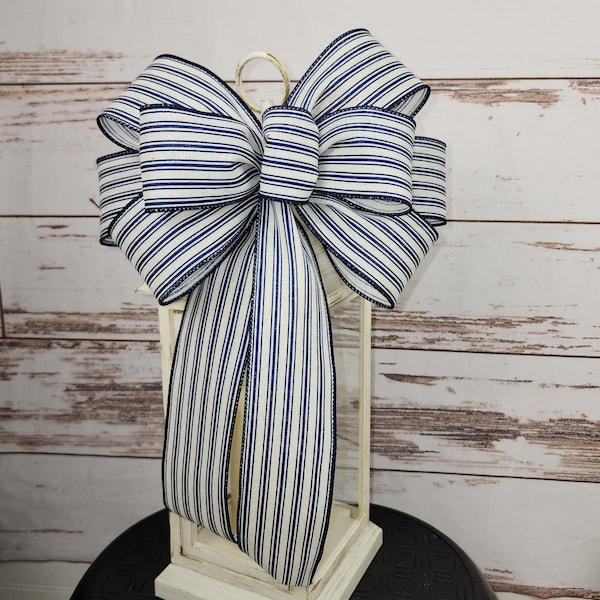 Everyday Bow for Front Door Wreath, French Country ticking stripe bow; Spring Summer lantern bow, mailbox bow, Farmhouse home decor
