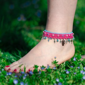 Handmade Crochet Anklet for Women, Colorful Cotton Ankle Bracelet, Adjustable Summer Beach Jewelry, Boho Anklet Gift