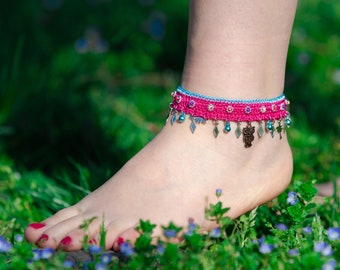 Handmade Crochet Anklet for Women, Colorful Cotton Ankle Bracelet, Adjustable Summer Beach Jewelry, Boho Anklet Gift