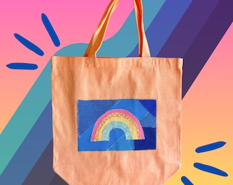 Tote bag handmade sewn rainbow fabric cottage core gift retro purse