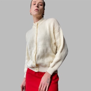 Vintage Cream Wool Blend Cardigan - Button Up Knit Sweater - Size M