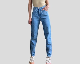 Vintage 90er Jahre Baby Blau Rosa Super High Rise Größe S/M Straight Leg Denim Jeans