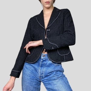 Y2K Chic: Classy Black/White Striped Blazer, Defined Waist, Size S