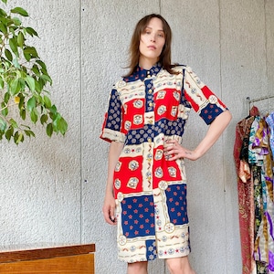 Vintage Multicolour Shirt Dress, 80s Marine Print Midi Dress, Short Sleeve Button Closure Summer Dress