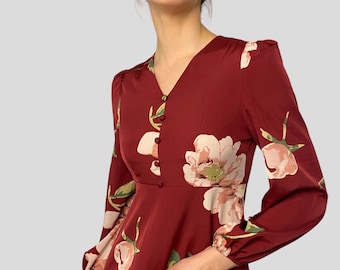 Vintage Burgund Floral Maxi Kleid: Elegantes Langarm, Größe M