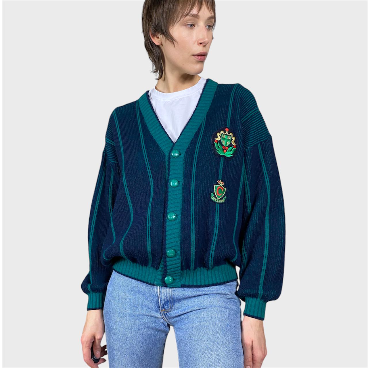 Vintage Blue Green Cardigan Size S/M College Cardigan Winter