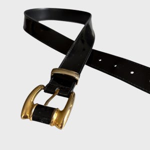 Vintage 90s Black Patent Leather Belt with Gold Buckle