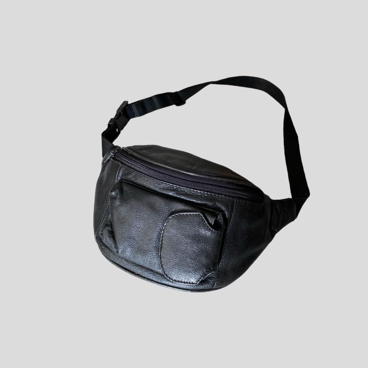 Vintage 90s Genuine Black Leather Adjustable Bum Bag Cross Body