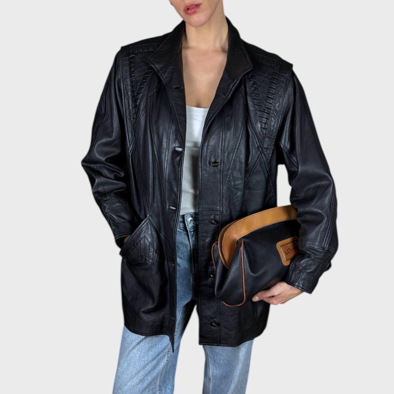 レザージャケット 90s vintage ramb Leather car coat BLK Vintage 90s Black Genuine Leather Oversized Jacket | Soft Leather
