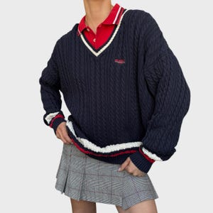 90s Oversized Cotton Cable Knit Sweater: Navy Blue Striped Preppy Style