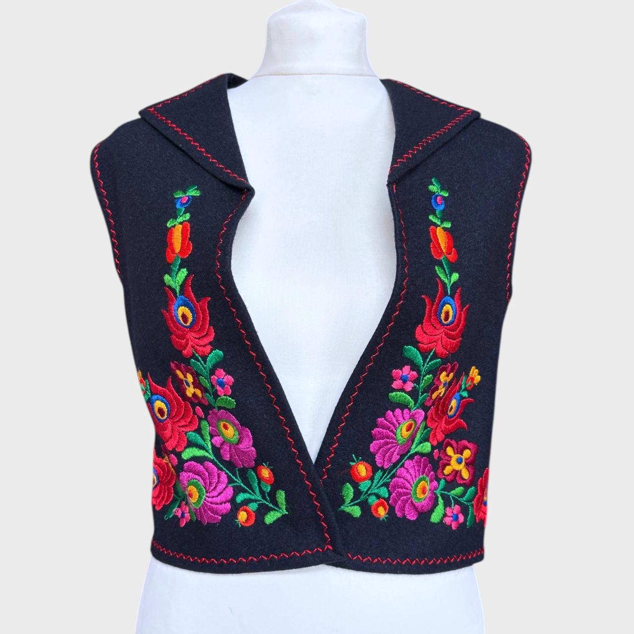 Vintage 70s Handmade Wool Embroidered Vest Boho Floral Vest XS/S