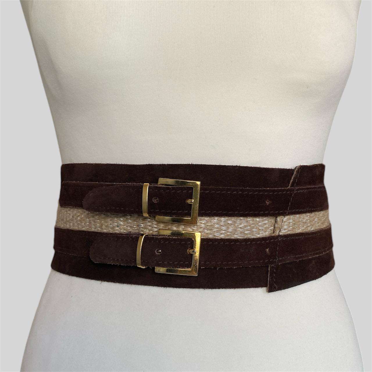 Vintage Brown Double-Buckle Waist Belt Size Small Two Row Stitch Thick Leather Belt - Antique Brass Buckle  main image 3