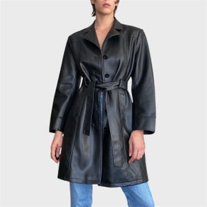 vintage leather trench coat レザー　コート　トレンチ Womens Leather Trench Coat Black S-M-L Long SOFT Lambskin
