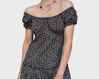 Y2K Floral Maxi Dress: Off-Shoulder Black Cotton Cottagecore Prairie Dress
