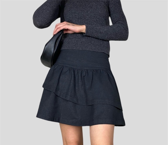 Y2K Dark Grey Ruffle Mini Skirt Wool Blend, Size M