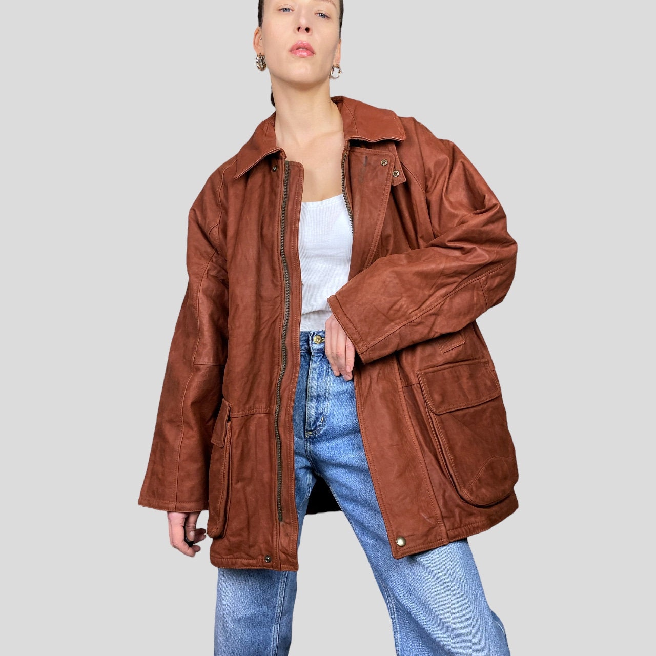 Vintage Brown Leather Jacket - XL Unisex Mahogany Brown Coat