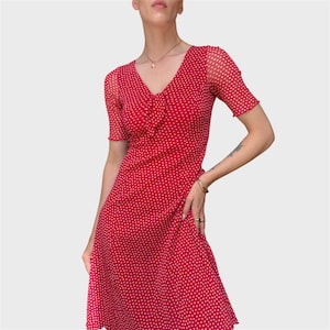Vintage 90s Y2K Red Polka Dot Midi Dress – Short Sleeve Mesh Retro Dress – Size EU 36 – Rockabilly Summer Dress