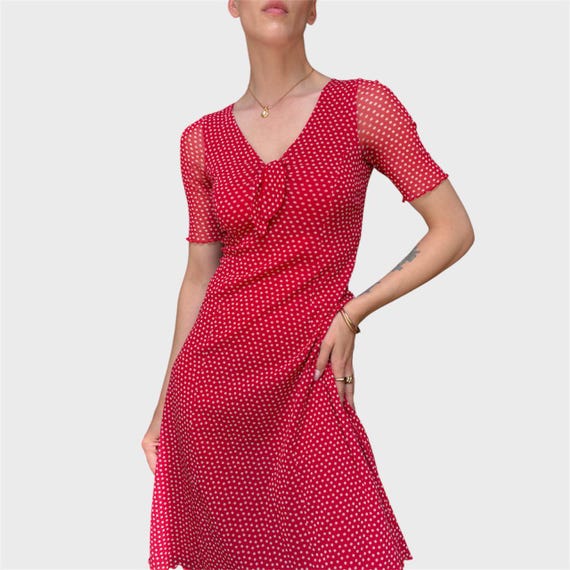 red polka dot mesh dress Dress Bodycon Red Polka Dot Mesh Ruched Long Sleeve (Brand New)