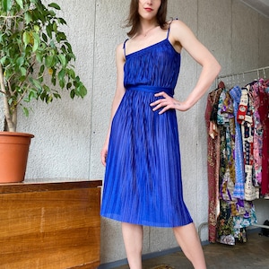Blue Pleated 70s Midi Dress - Vintage Sleeveless Dress