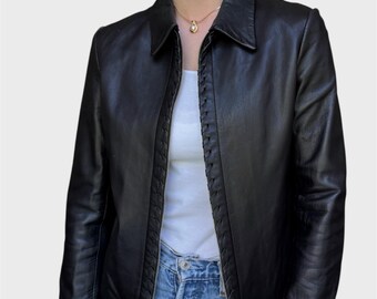 Vintage Y2K Black Leather Jacket: Fitted Minimalist Cut, Size S