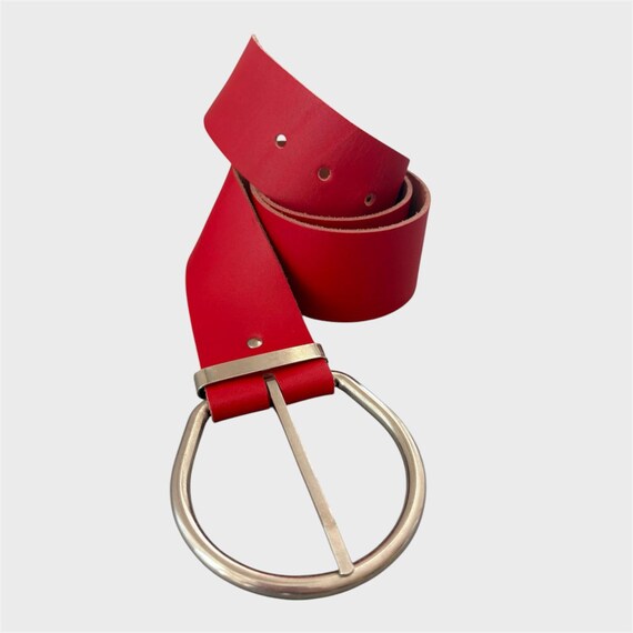 Vintage Red Leather Belt: Chunky Silver Buckle, Y2K Waist  display picture 3