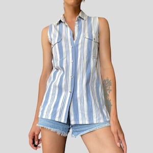 Vintage 90s Blue White Striped  Size M Button Closure Long Sleeveless Vest Top
