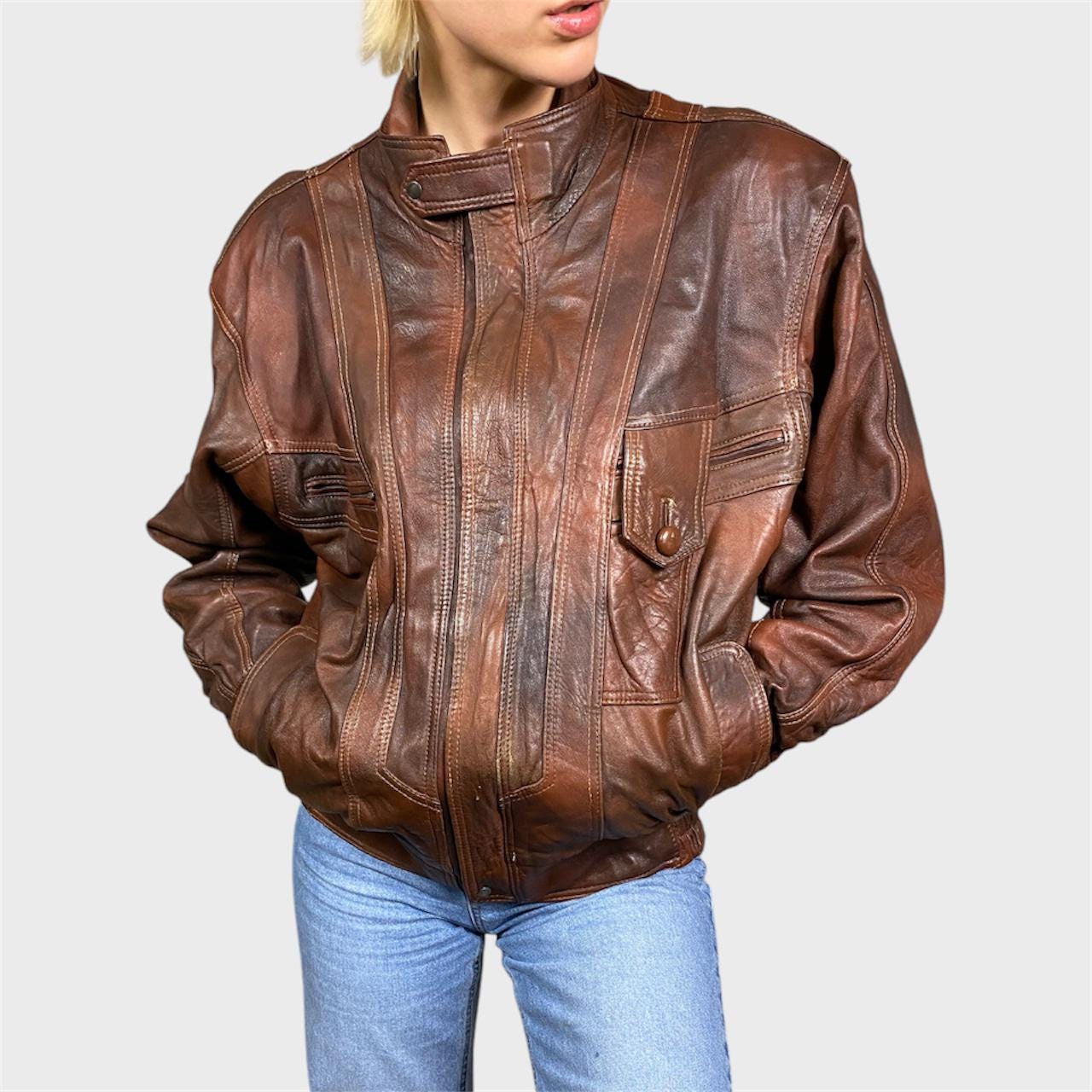Vintage Brown Leather Bomber Jacket Unisex Size L - Etsy