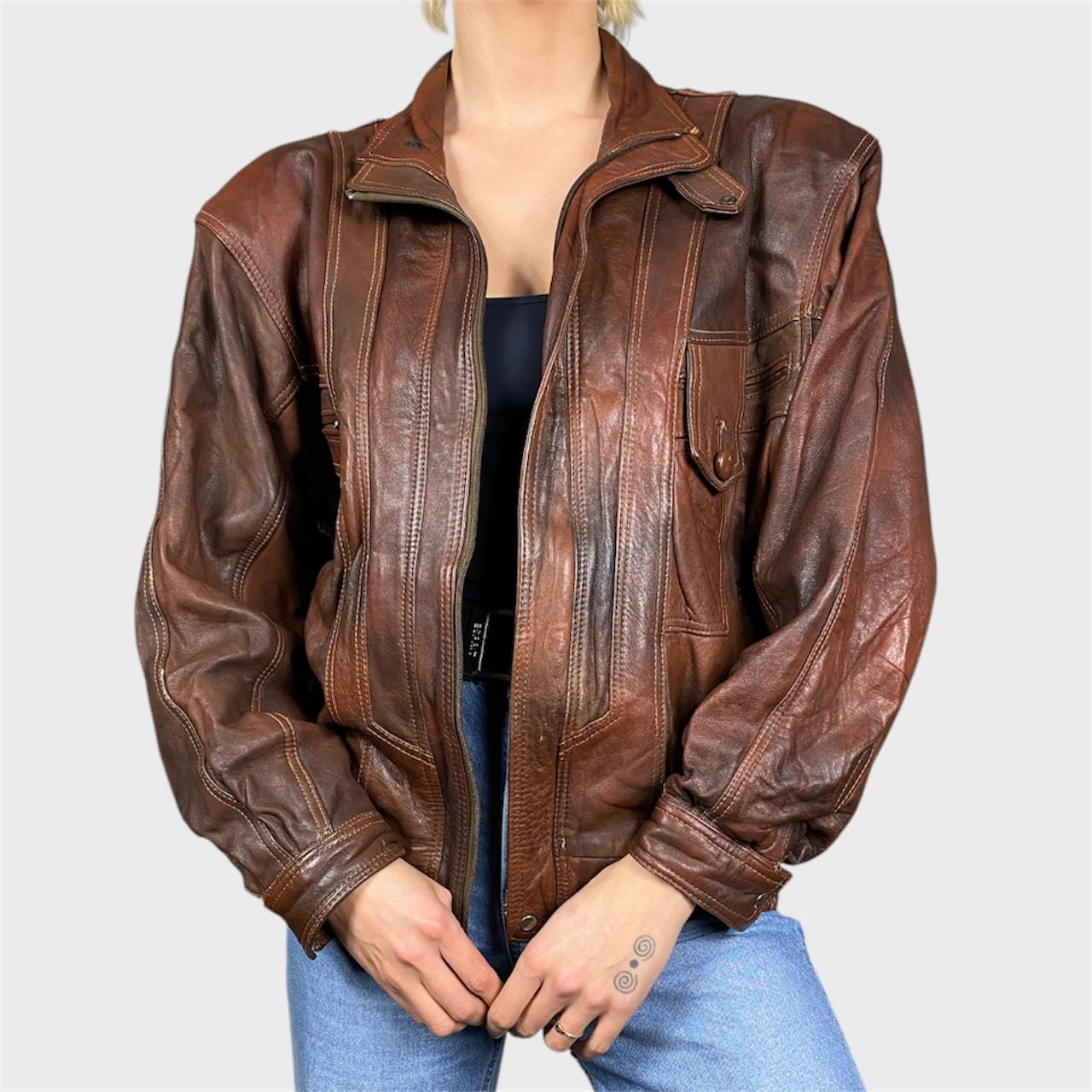 Vintage Brown Leather Bomber Jacket Unisex Size L - Etsy