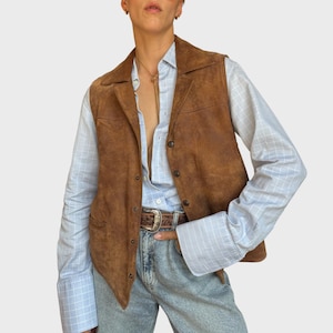 Vintage Brown Suede Leather Vest Unisex Western Snap Front Layering Jacket
