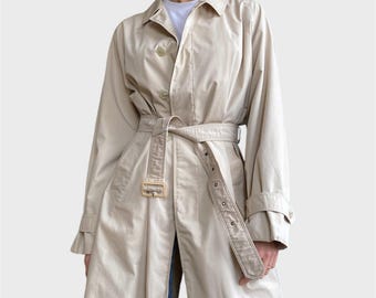 Vintage Trench Coat Belted Size L/XL Longline Waterproof Beige Cream