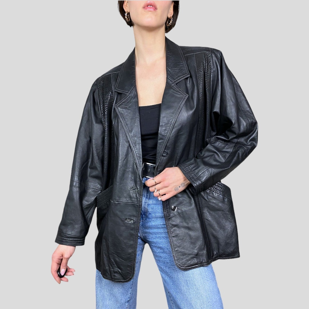 Vintage 90s Black Genuine Soft Mixed Leather Size L Button Closure ...