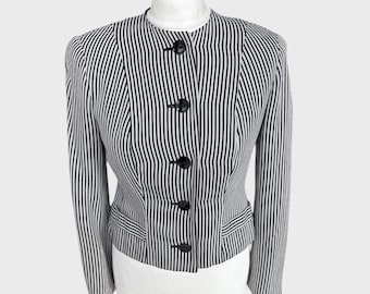 Vintage 80s Black White Striped Blazer Fitted Waist Classic Monochrome Jacket XS/S