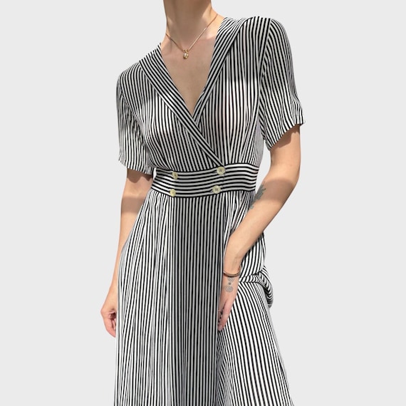 90s striped dress 90s Striped Viscose Midi Dress: Nautical Minimalist V-neck, EU38