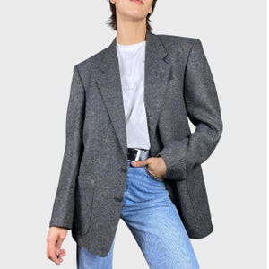 Vintage Grey Tailored Blazer, Size XL Wool Oversized Unisex Blazer, Blue Tailored Retro Blazer
